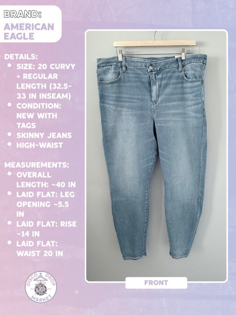 NWT American Eagle Curvy High Rise Skinny Jeans Size 20 Regular